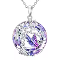 TOUPOP Sterling Silver Crystal Butterfly Tree Of Life Dragonfly Hummingbird Pendant Necklace-color_name:Hummingbird Purple