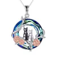 TOUPOP Sterling Silver Blue Crystal 1 2 3 Cats Rose Flower Necklace Gift-style_name:2 Cat-rose