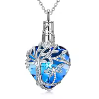 TOUPOP Sterling Silver Crystal Heart Tree Of Life Cremation Urn Necklace-style_name:Dragonfly