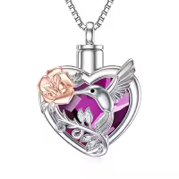 TOUPOP Sterling Silver Crystal Hummingbird Urn Necklace For Ashes-style_name:A-Purple Heart