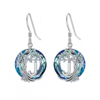 TOUPOP Sterling Silver Blue Crystal Tree Of Life Letter Drop Dangle Earrings-style_name:J Initial