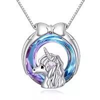 TOUPOP Sterling Silver Crystal Unicorn Animal Tree Flower Pendant Necklace-color_name:Unicorn Bow-knot with Blue Crystal