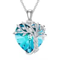 TOUPOP Sterling Silver Crystal Tree Of Life Birthstone Necklace Family Pendant Gift-color_name:Heart-12-Blue Topaz Crystal