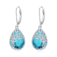TOUPOP Sterling Silver Gemstone Celtic Tree of Life Teardrop Leverback Earrings-color_name:Turquoise