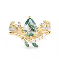 TOUPOP 10K 14K 18K Gold Natural Moss Agate Moissanite Pear Ring Set-style_name:F Moss Agate Gold Ring