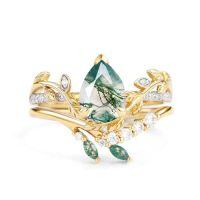 wholesale TOUPOP Natural Moss Agate Moissanite Wedding Ring Set For Women Pear Shaped Natural Moss Agate Ring Bridal Set 10k 14k 18k Solid Gold Engraved Egagement Anniversary Ring For Wife -style_name:F Moss Agate Gold Ring
