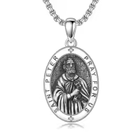 TOUPOP 925 Sterling Silver Stainless Steel Saint Medal Protection Necklace-style_name:V-St Peter
