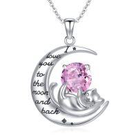 wholesale TOUPOP Cat Necklaces For Women White Gold Plated S925 Sterling Silver Birthstone Pendant Necklace Cute Cat Animal Birthday Jewelry Gifts For Girlfriend Wife Daughter -color_name:10-Oct-Tourmaline