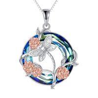 wholesale TOUPOP Hummingbird/dragonfly/butterfly/bee Necklace 925 Sterling Silver Rose Flower Insect Pendant Blue Circle Crystal Jewelry Christmas Gifts For Women -style_name:Dragonfly