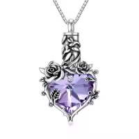 TOUPOP 925 Sterling Silver Rose Cremation Necklace with Crystal Heart Keepsake Urn-color_name:Purple
