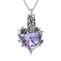 wholesale TOUPOP Rose Cremation Necklace Jewelry Urn Necklace For Ashes With Heart Crystal 925 Sterling Silver Cremation Necklace For Ashes Memorial Gift For Women Girls Keepsake -color_name:Purple