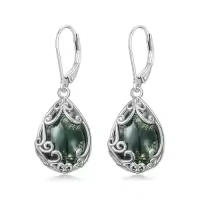 TOUPOP Sterling Silver Filigree Teardrop Leverback Birthstone Earrings-style_name:Moss Agate
