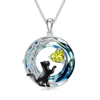 TOUPOP Sterling Silver & Birthstone Black Cat Celtic Moon Necklace-color_name:08-August-Peridot