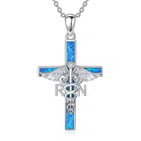 TOUPOP Sterling Silver Stone Nurse Stethoscope Cross Necklace Gift-style_name:B00-Blue Opal RN Caduceus