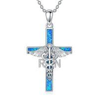wholesale TOUPOP Christmas Gifts For Nurses Sterling Silver Nurse Stethoscope Necklace Cross Pendant Nursing Theme Necklace Jewelry Best Nurse Ever Gifts For Women Daughter Doctor Medical Assistant Rn -style_name:B00-Blue Opal RN Caduceus