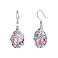 wholesale TOUPOP Tree Of Life Earrings 925 Sterling Silver Family Tree Dangle Drop Earrings Crystal Jewelry Birthday Christmas Gifts For Women Her -style_name:Teardrop-10-October-Pink Tourmaline