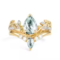 TOUPOP 10k 14k 18k Gold Moss Agate Moissanite Pear Bridal Wedding Ring Set-style_name:D Moss Agate Gold Ring