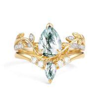 wholesale TOUPOP Natural Moss Agate Moissanite Wedding Ring Set For Women Pear Shaped Natural Moss Agate Ring Bridal Set 10k 14k 18k Solid Gold Engraved Egagement Anniversary Ring For Wife -style_name:D Moss Agate Gold Ring