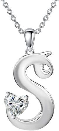 wholesale 18K White Gold Plated Sterling Silver Moissanite Heart Initial A-Z Necklace for Women-Initial S