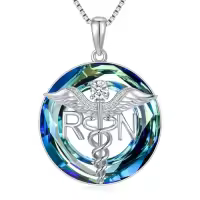 TOUPOP Sterling Silver Caduceus Angel Wing RN Necklace Jewelry Gift-style_name:RN Blue Crystal Necklace