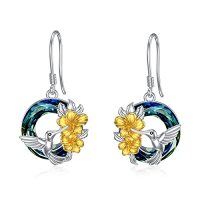 wholesale TOUPOP Dragonfly/butterfly/hummingbird/elephant/turtle Earrings Sterling Silver Animals Dangle Drop Earrings With Blue Circle Crystal Small Cute Animals Jewelry Gifts For Women Friends Birthday Christmas -style_name:Hummingbird earrings