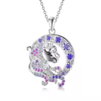 TOUPOP Sterling Silver Crystal Unicorn Animal Tree Flower Pendant Necklace-color_name:Purple