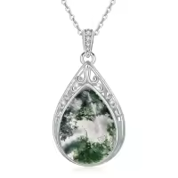 TOUPOP Sterling Silver Gemstone Teardrop Filigree Pendant Necklace-style_name:Moss Agate