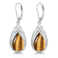 wholesale Filigree Earrings For Women 925 Sterling Silver Teardrop Gemstone Dangle Earrings Fine Jewelry Christmas Gifts For Women -color_name:Tiger Eye Stone