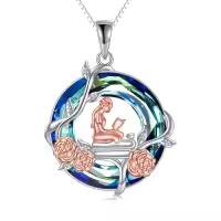 TOUPOP Sterling Silver Crystal Rose Sunflower Reading Circle Pendant Necklace-color_name:Rose Flower-Blue Crystal