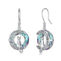 wholesale TOUPOP Cat On The Moon Earrings Sterling Silze Cut Animal Cat Dangel Drop Earrings With Circle Crystal Christmas Valentines Birthday Mothers Day Jewelry Gifts For Women Cat Lovers -color_name:1 Cat(Silver)-Purple Crystal-01-A