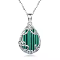 TOUPOP Sterling Silver & Gemstone Filigree Teardrop Pendant Necklace-color_name:Malachite