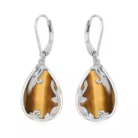 TOUPOP Sterling Silver Filigree Gemstone Teardrop Dangle Earrings-color_name:Tiger Eye Stone