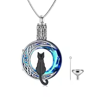 TOUPOP Sterling Silver & Stone Cat Moon Cremation Urn Necklace for Ashes-color_name:Black Cat