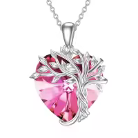 TOUPOP Sterling Silver Crystal Tree Of Life Birthstone Necklace Family Pendant Gift-color_name:Heart-10-Pink Tourmaline Crystal