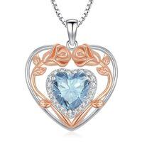 wholesale 925 Sterling Silver Heart Rose Pendant Necklace With 12 Birthstone Jewelry Birthday Anniversary Mothers Day Christmas Gifts For Her Wife Girlfriend Mom -color_name:3-Mar-Aquamarine