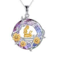 wholesale TOUPOP Book Lovers Gifts Necklace 925 Sterling Silver Rose Flower/sunflower Reading Pendant Circle Crystal Jewelry Birthday Graduation Christmas Gifts For Women Student Author Librarian -color_name:Sunflower-Purple Crystal