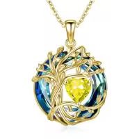 TOUPOP Sterling Silver Austrian Crystal Tree Of Life Birthstone Necklace-color_name:11-Nov-Citrine,style_name:1-White Gold-Blue Crystal