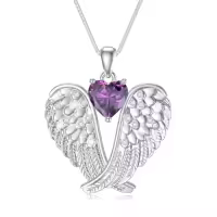 TOUPOP Sterling Silver Birthstone Angel Wings Necklace Pendant Gift-style_name:2-Feb-Amethyst
