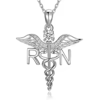 TOUPOP Sterling Silver Caduceus Angel Wing RN Necklace Jewelry Gift-style_name:01- Silver RN Necklace