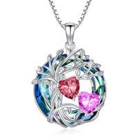 wholesale TOUPOP S925 Sterling Silver Family Celtic Tree Of Life Pendant Necklaces With 2 Heart Birthstone With Blue Austrian Crystal Jewelry Birthday Anniversary Christmas Gifts For Her Wife Girlfriend Mom (18k Real White Gold Filled) -color_name:07-10-Jul-Oct Birthstone