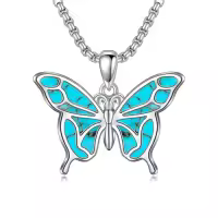 TOUPOP Sterling Silver Opal Hummingbird Horse Phoenix Wolf Butterfly Dragonfly Animal Necklace-style_name:Butterfly-Turquoise