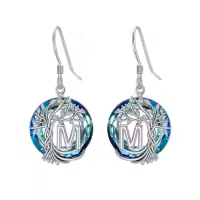 TOUPOP Sterling Silver Blue Crystal Tree Of Life Letter Drop Dangle Earrings-style_name:M Initial