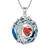 TOUPOP Sterling Silver Austrian Crystal Tree Of Life Birthstone Necklace-color_name:07-Jul-Ruby,style_name:1-White Gold-Blue Crystal