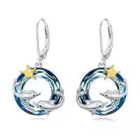 TOUPOP Sterling Silver Turtle Jellyfish Dolphin Starfish Whale Dangle Drop Earrings Ocean Jewelry-style_name:Double Dolphin