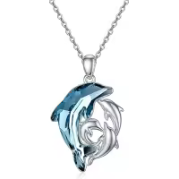 TOUPOP Sterling Silver Crystal Dolphin Necklace Christmas Birthday Gifts For Women-style_name:Dolphin Mother and 3 Sons or Daughters-Dolphins Necklace-Blue Crystal