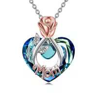 TOUPOP Sterling Silver Crystal Rose Flower Love Heart Necklaces Jewelry Gifts-style_name:Mom Necklace with Heart Crystal-Rose flower