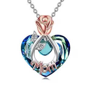 Mom Necklace with Heart Crystal-Rose flower