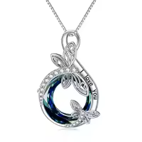 TOUPOP Sterling Silver Crystal Dragonfly Butterfly Pendant Necklace-style_name:B-Dragonfly Necklace-I love you-Blue Circle Crystal