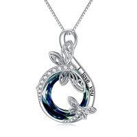 wholesale TOUPOP Sterling Silver Dragonfly/butterfly Pendant Necklace With Crystal Birthday Christmas Jewelry Gifts For Women -style_name:B-Dragonfly Necklace-I love you-Blue Circle Crystal