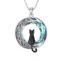 TOUPOP Sterling Silver Blue Crystal Cats On The Moon Pendant Necklace-color_name:1 Cat(Black)-Purple Crystal-01-B